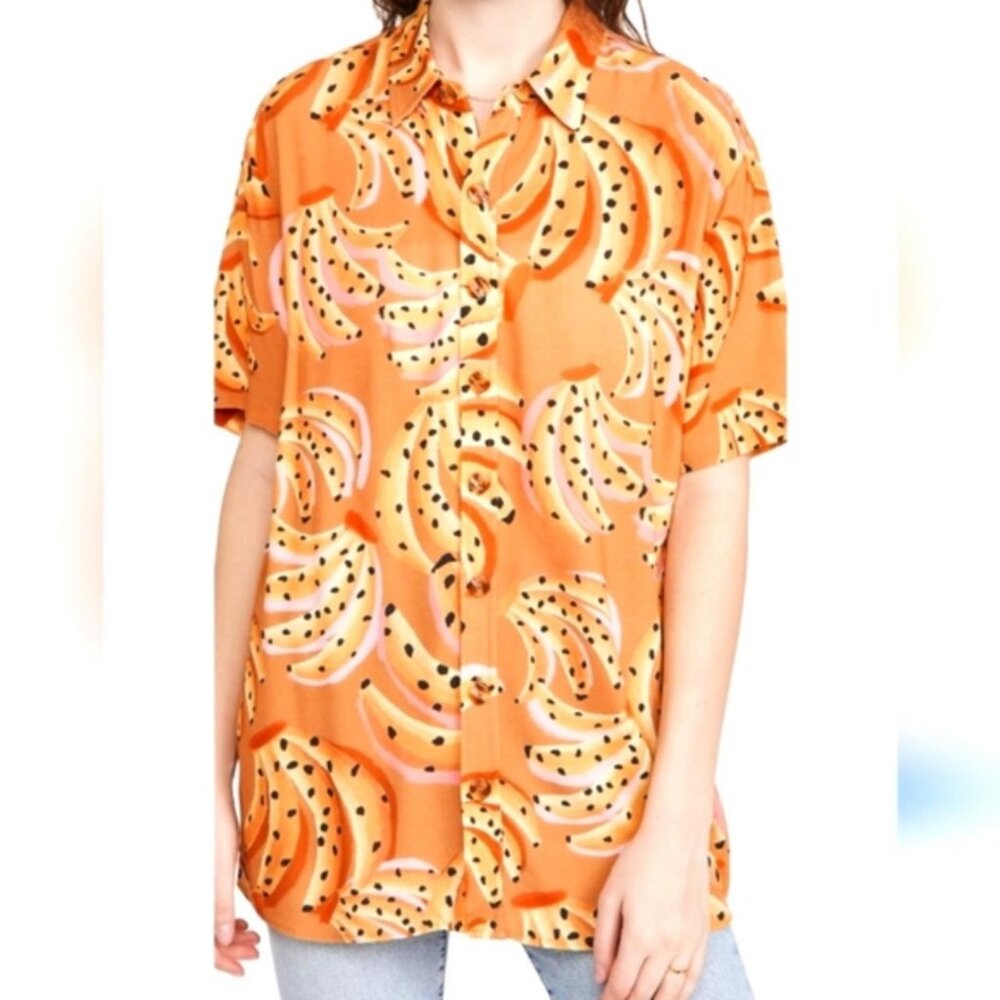 FARM Rio Orange Banana-Print Button-Up Blouse